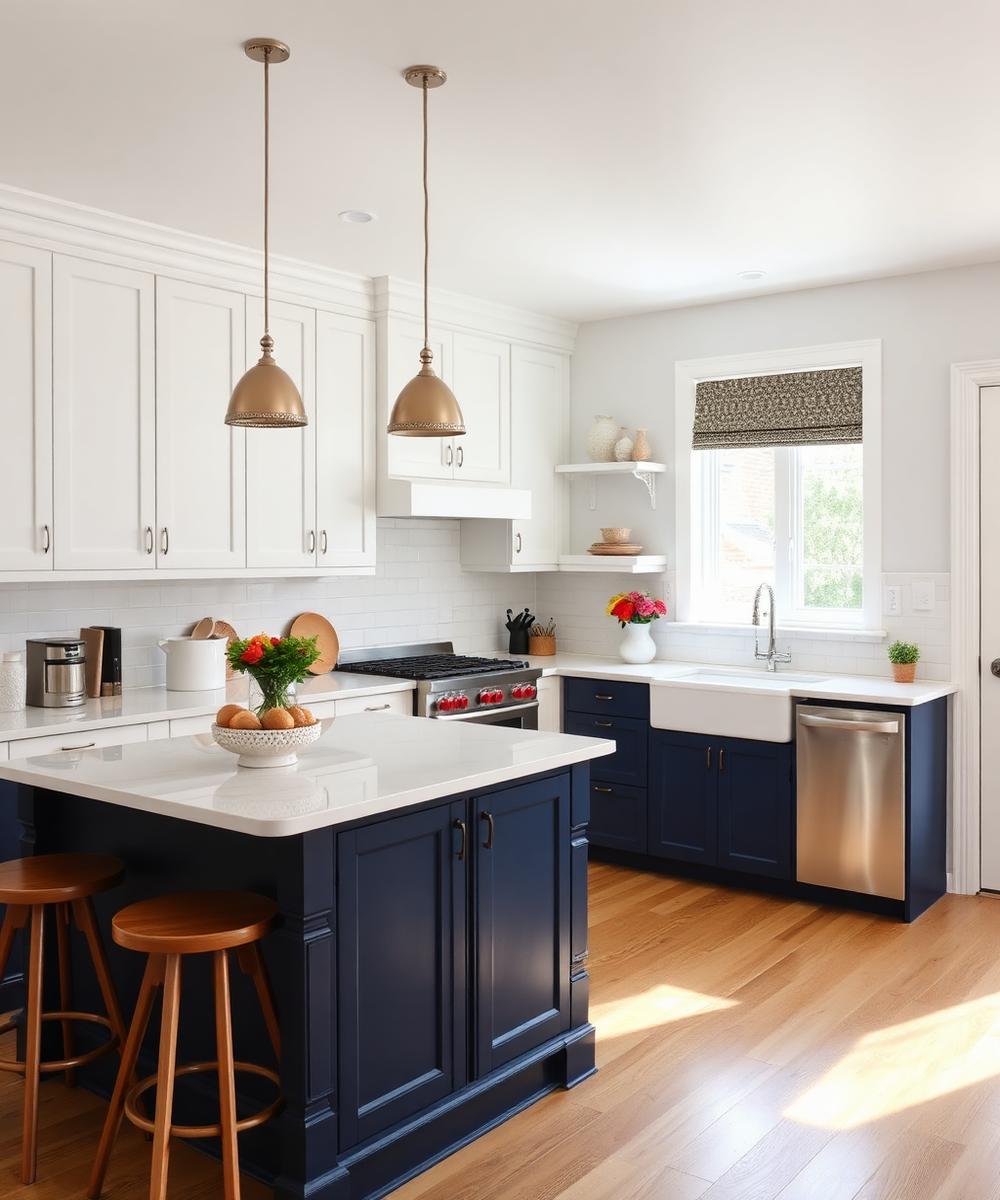 White and navy blue painted kitchen cabinets — Sugar Land cabinet painting