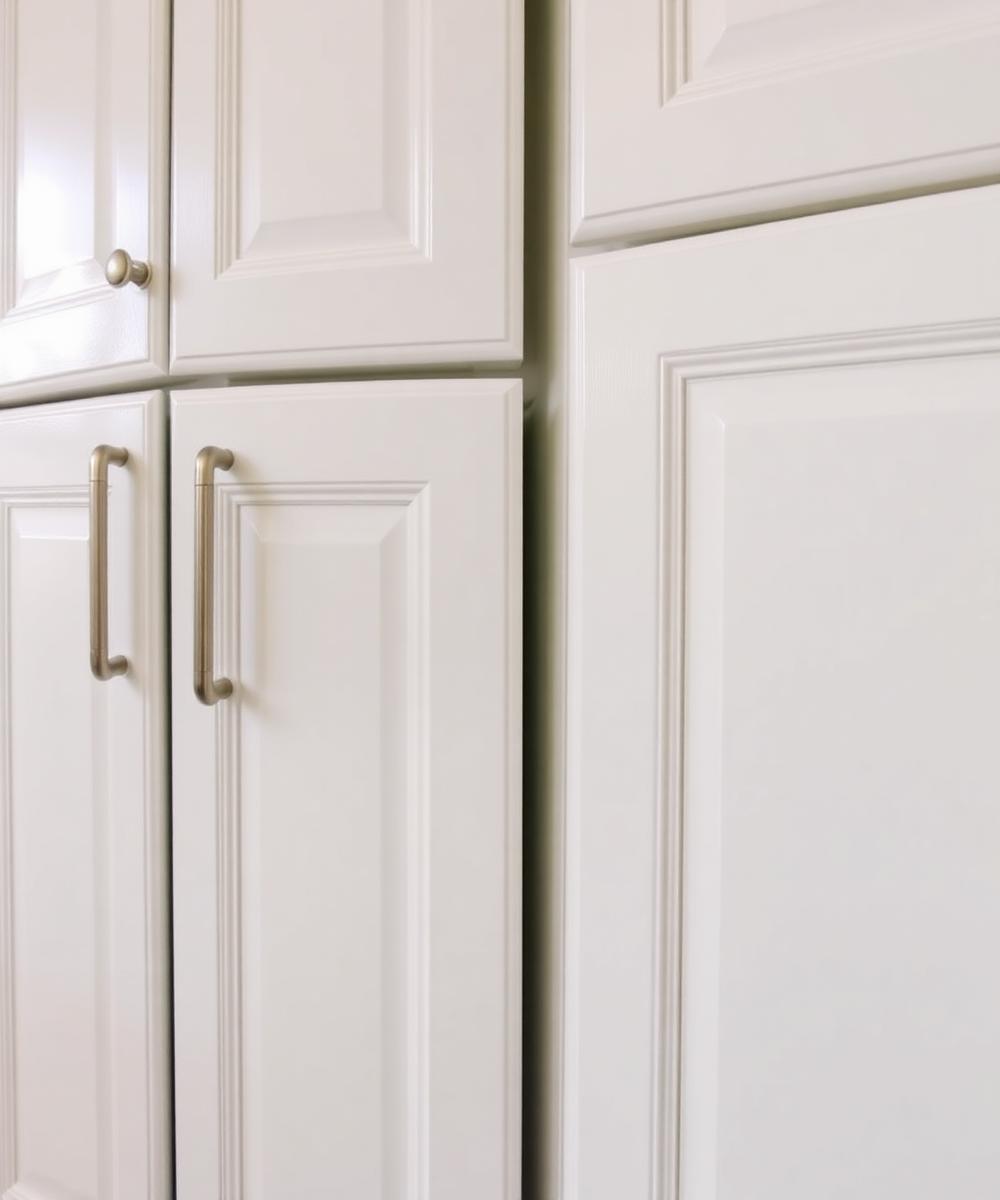 Close-up of freshly painted white kitchen cabinets — cabinet refinishing